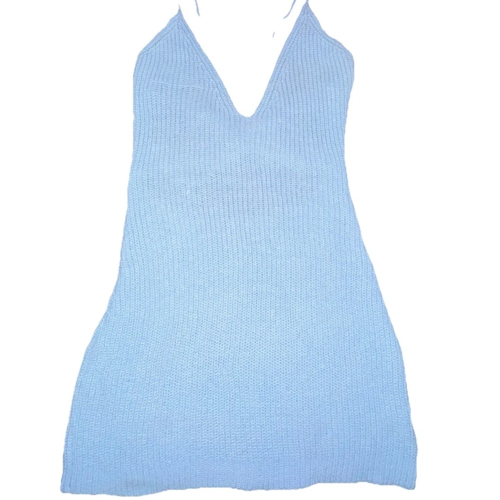 Powder Blue Open Back Knit Mini Dress Size Small | Coastal Chic Lace-Up Summer